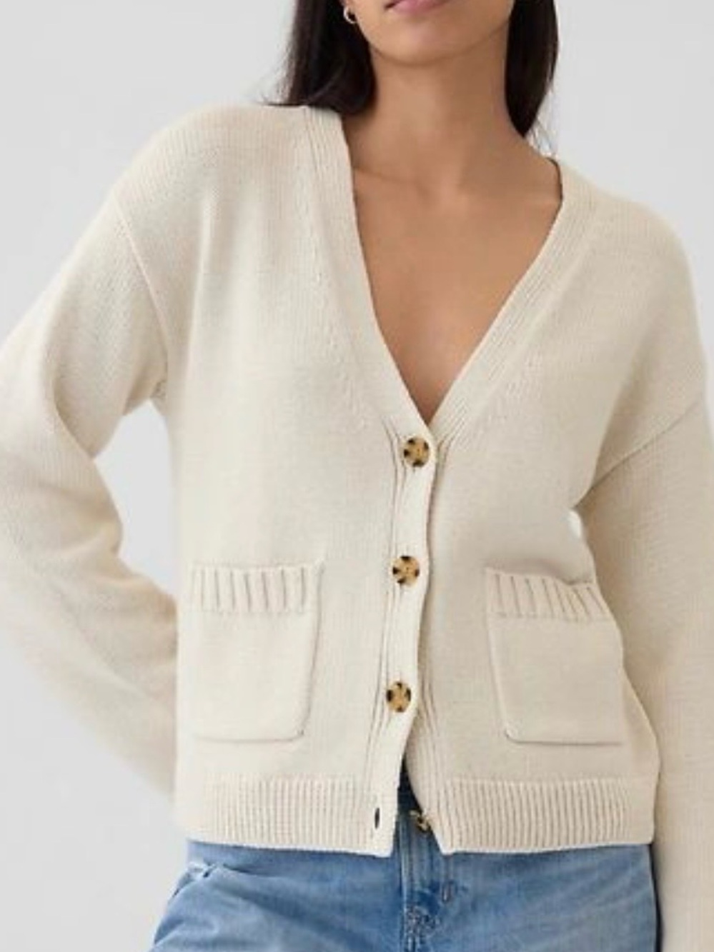 GAP Cream V-Neck Button Front Cotton Cardigan